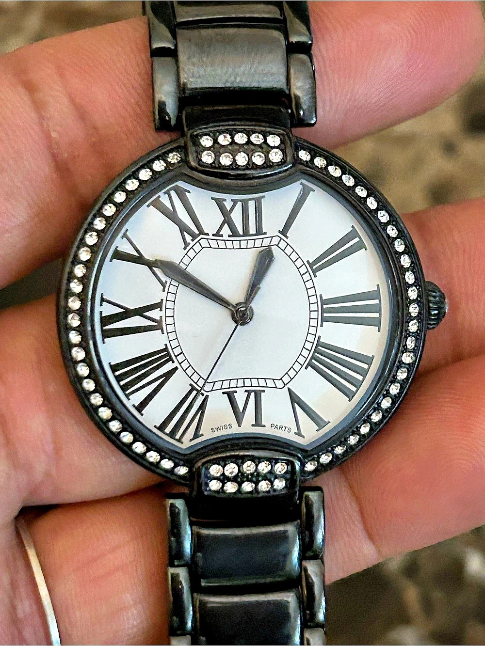 Bronzo Italia Rhinestone Roman Numeral Watch Black & White